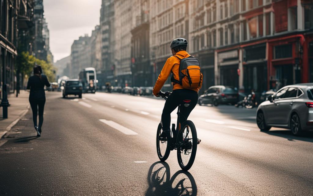 A bustling city street, illuminated by warm, golden sunlight filtering through towering skyscrapers. In the foreground, a group of e-bike riders effortlessly glide along the bike lane, their sleek, futuristic machines casting long shadows across the pavement. The riders lean into the turns, weaving through the urban landscape with a sense of freedom and exploration. In the middle ground, pedestrians and vehicles coexist harmoniously, creating a dynamic, vibrant scene. The background is a tapestry of architectural wonders, from historic landmarks to modern, glass-and-steel structures, inviting the viewer to discover the hidden gems of the city. An atmosphere of discovery and adventure permeates the image, capturing the essence of "Effortless Exploration: Discovering Your City and Beyond". benefits of e-bikes for urban commuters