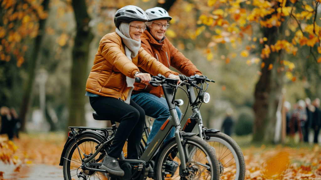Retirement Community e-Bikes johnkrechting two seniors riding a folding electric bike thro f0ed0c57 4b06 423a afd7 e0615dfafbcc 2