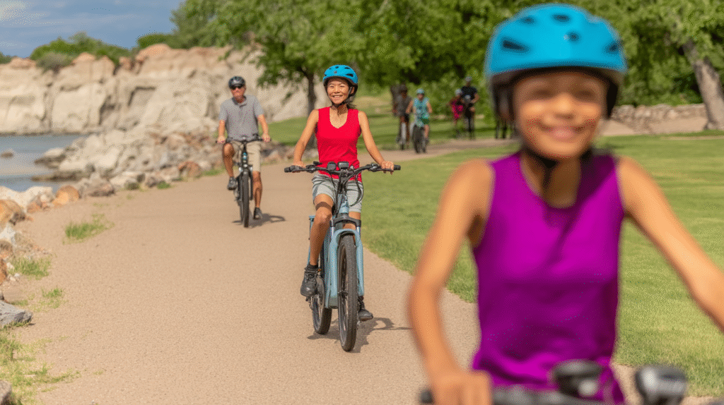 johnkrechting mother father and 3 kids riding ebikes along a c21ab8ef 52bb 4bb7 8a2e 8e59dea1641a 2