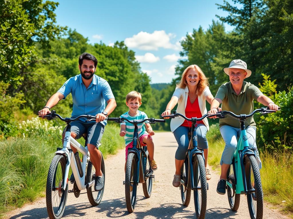 Family riding e-bikes