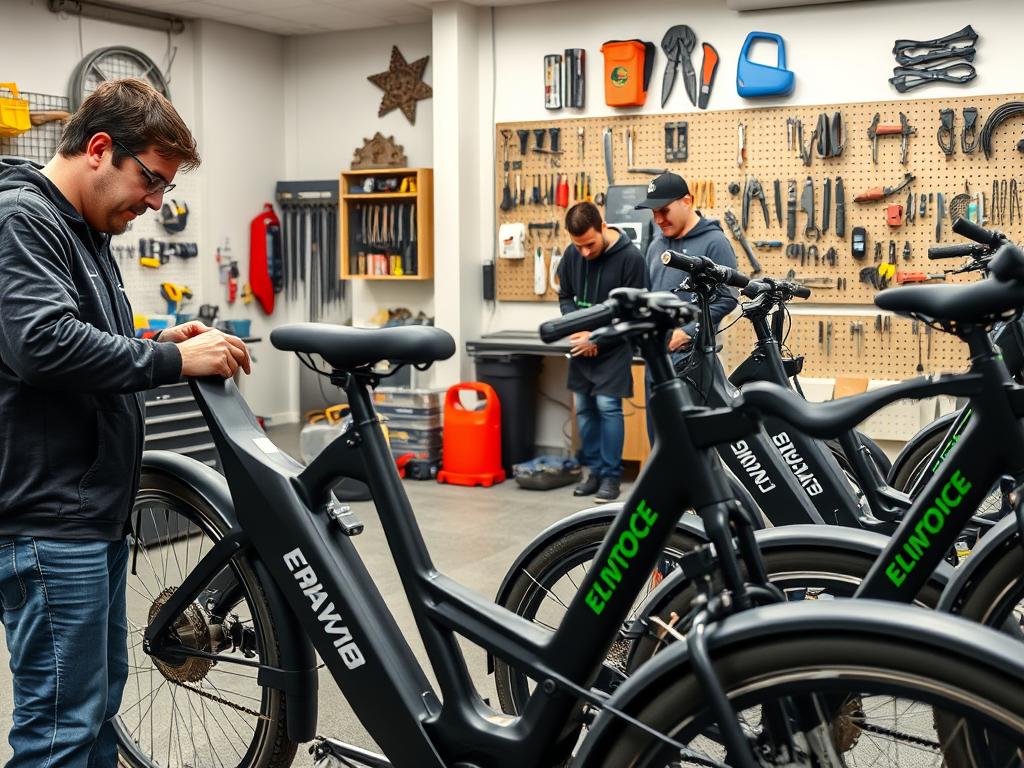 A campus maintenance crew inspects a fleet of battery-powered bikes in a well-lit service area. In the foreground, a technician examines the drivetrain of a sleek, matte-black e-bike, while in the middle ground, a coworker charges the battery of another model. The background features various tools, spare parts, and a pegboard displaying an array of maintenance supplies. The scene conveys a sense of diligence and care, with the crew ensuring the campus e-bikes are in peak condition for student commuters.