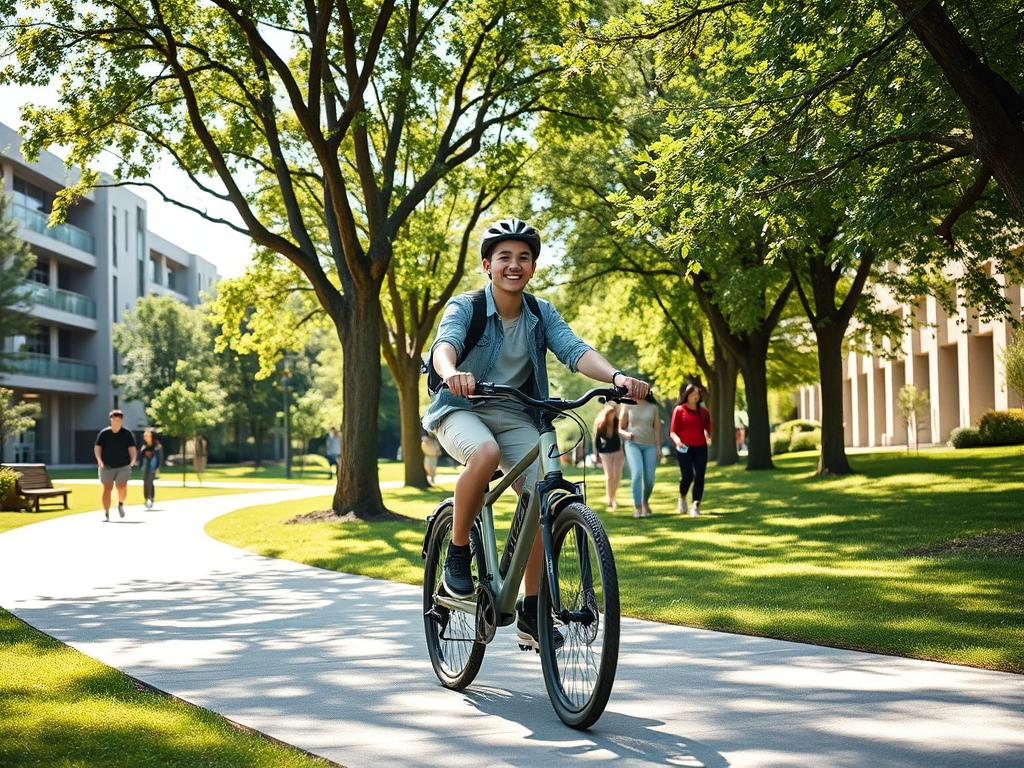A college student riding an eco-friendly electric bicycle on a scenic university campus. The young person, dressed in casual attire, is pedaling confidently along a winding path lined with lush greenery and modern buildings. Dappled sunlight filters through the trees, casting a warm, natural glow over the scene. The e-bike's sleek design and quiet electric motor emphasize its sustainability, while the student's carefree expression conveys the joy and convenience of this mode of campus commuting. In the background, other students can be seen walking, biking, or relaxing, creating a vibrant, active atmosphere that captures the spirit of university life.
