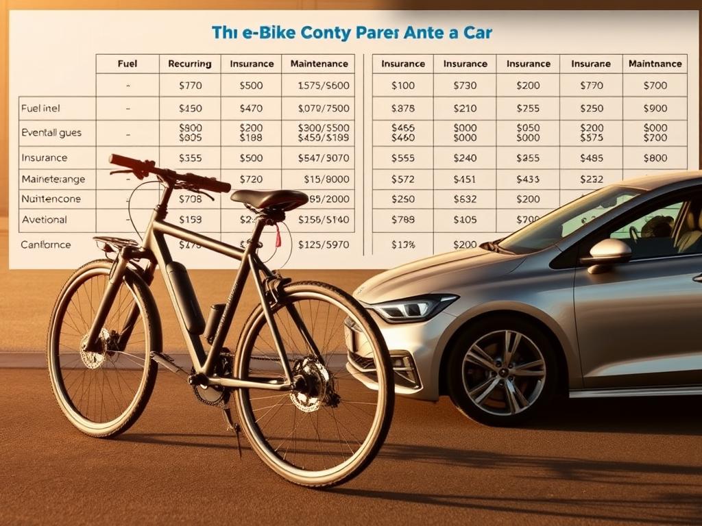 A detailed comparison of e-bike and car expenses, showcasing the substantial long-term financial savings of commuting via an e-bike. In the foreground, a sleek e-bike and a mid-size sedan are positioned side-by-side, highlighting their distinct profiles. The background features a neatly organized chart, with a clear breakdown of recurring costs like fuel, insurance, and maintenance for both modes of transportation. The scene is illuminated by warm, natural lighting, creating a sense of clarity and practicality. The overall mood conveys the financial benefits and cost-effectiveness of choosing an e-bike over a traditional car for college campus commuting.