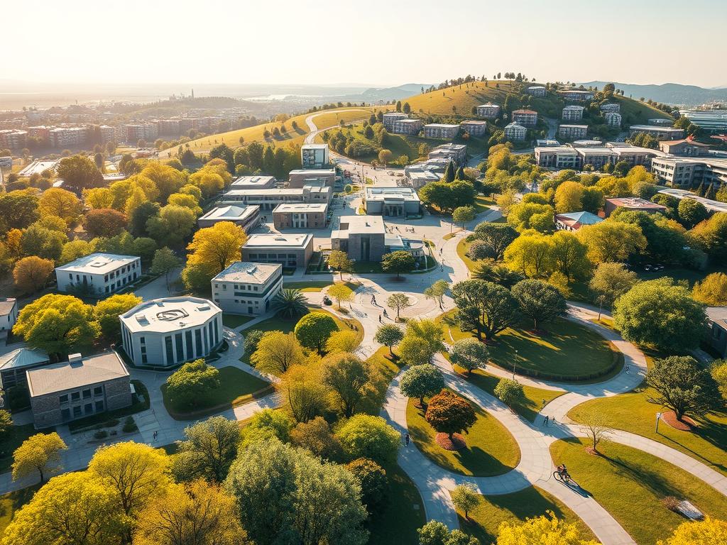 A detailed, expansive campus map showcasing the extended reach of e-bikes. The foreground depicts a lush, verdant landscape dotted with modern academic buildings, pathways, and shaded seating areas. In the middle ground, a network of designated e-bike lanes winds through the campus, connecting key destinations. The background features a hilly, panoramic view of the entire campus, highlighting the expanded accessibility and time-saving potential of e-bikes compared to walking. The scene is bathed in warm, golden sunlight, conveying a sense of inviting, sustainable mobility. Rendered in a clean, minimalist style with a focus on clarity and functionality, this map aims to illustrate the advantages of e-bikes over traditional pedestrian travel on a university campus.