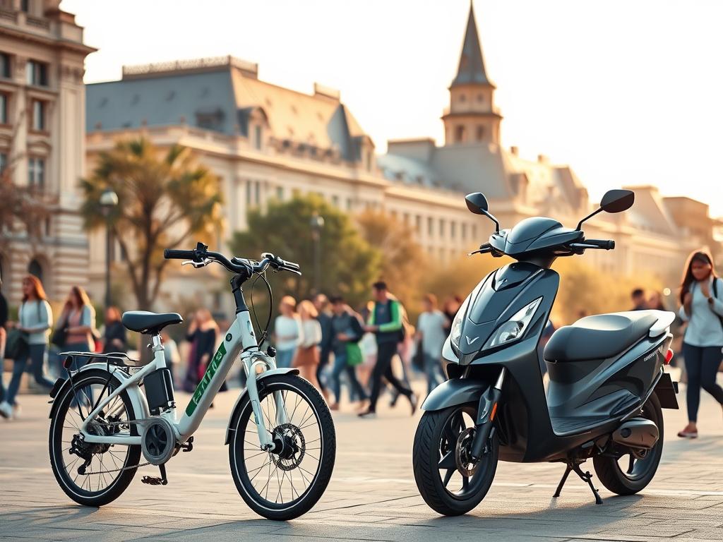 A dynamic cityscape, with an e-bike and a petrol-powered moped prominently displayed in the foreground. The e-bike, sleek and modern, contrasts with the older, more traditional moped. In the middle ground, college students move about, some riding e-bikes, others on foot or using public transport. The background features the iconic architecture of a bustling university campus, bathed in warm, golden lighting that creates a sense of energy and activity. The scene conveys the dichotomy between the eco-friendly e-bike and the polluting moped, inviting the viewer to consider the impact of their transportation choices on the environment.