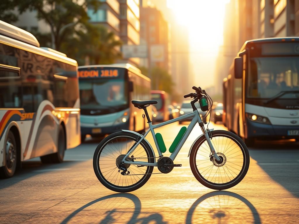 A dynamic e-bike gliding through a bustling urban landscape, effortlessly navigating past idling buses and congested traffic. Sleek and streamlined, the e-bike embodies a sustainable alternative for student commuters, its electric motor providing a smooth, eco-friendly ride. Bathed in warm, golden light, the scene captures the convenience and environmentally-conscious appeal of e-bikes compared to traditional public transportation options. The background fades into a vibrant cityscape, emphasizing the e-bike's ability to seamlessly integrate into the modern, fast-paced student lifestyle. An eye-catching visual representation of the advantages e-bikes offer over bus transportation for the modern, on-the-go student.