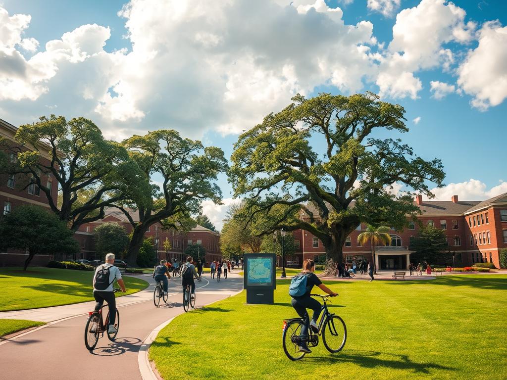 A sprawling college campus with vibrant e-bike navigation routes. Bicycle lanes wind through lush green lawns, past brick academic buildings, and around bustling student plazas. In the foreground, a group of students leisurely pedal their e-bikes, enjoying the breezy campus commute. The middle ground captures a detailed map kiosk, outlining the interconnected pathways. In the background, towering oak trees cast dappled shadows, and the sky is filled with fluffy white clouds. The scene is bathed in warm, golden sunlight, conveying a sense of tranquility and productivity. Crisp, high-resolution photography with a wide-angle lens to capture the expansive campus layout.