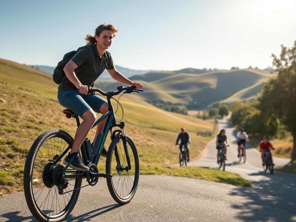 A university campus with rolling hills in the background, the sun shining brightly overhead. In the foreground, a student rides an e-bike uphill with ease, their legs pumping effortlessly, a look of determination on their face. The e-bike's electric motor hums quietly, providing just the right amount of assist to power the student up the incline. In the middle ground, traditional push bikes struggle against the steep slope, their riders straining to pedal upwards. The contrast between the two modes of transport is stark, showcasing the distinct advantages of the e-bike for campus commuting.