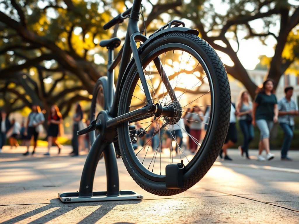 An e-bike security lock secured to a campus bike rack, amid a bustling college scene. A sturdy U-lock in matte black, encircling the frame and rear wheel, casting strategic shadows on the weathered concrete beneath. Backlit by warm, diffused sunlight filtering through towering oak trees, their branches swaying gently. In the background, students hurry past, their chatter and laughter creating a lively, energetic atmosphere. The lock's solid construction and prominent placement convey a sense of security and vigilance, befitting the need to safeguard one's e-bike investment on a vibrant college campus.