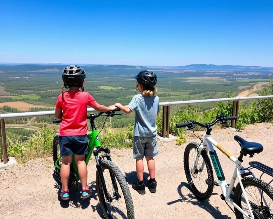 Children with e-bikes exploring a viewpoint on the Hiawatha Trail Children with e-bikes exploring a viewpoint on the Hiawatha Trail