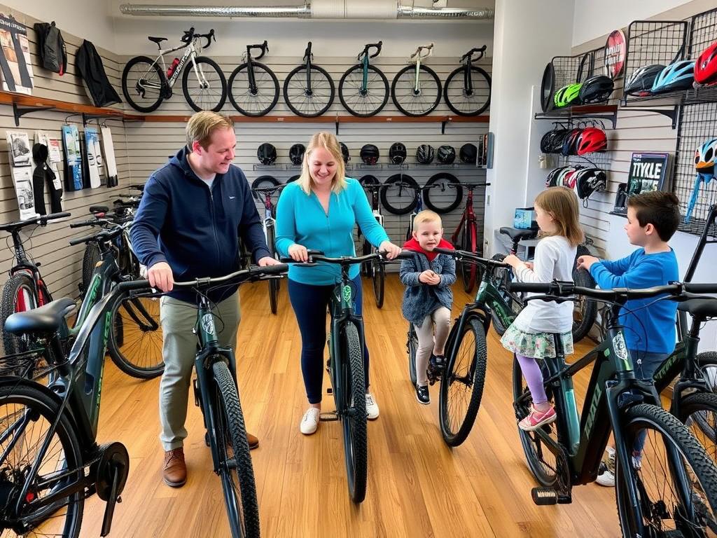 Family getting fitted for electric bikes at a rental shop near Hiawatha Trail Family getting fitted for electric bikes at a rental shop near Hiawatha Trail