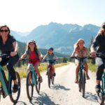 Family riding electric bikes on the Hiawatha Trail with mountain views in Idaho