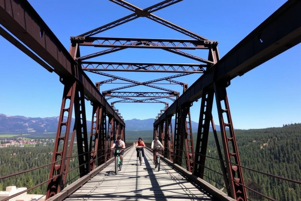 One of the seven trestle bridges on the Hiawatha Trail with family cyclists crossing One of the seven trestle bridges on the Hiawatha Trail with family cyclists crossing