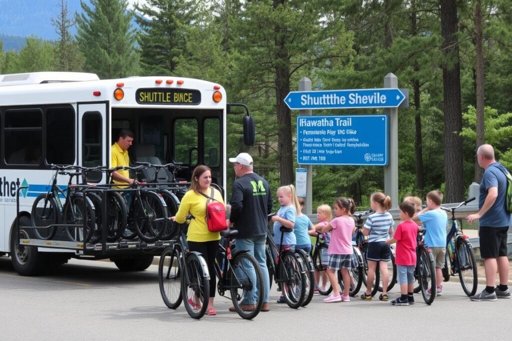 Shuttle service loading bikes at the end of Hiawatha Trail Shuttle service loading bikes at the end of Hiawatha Trail