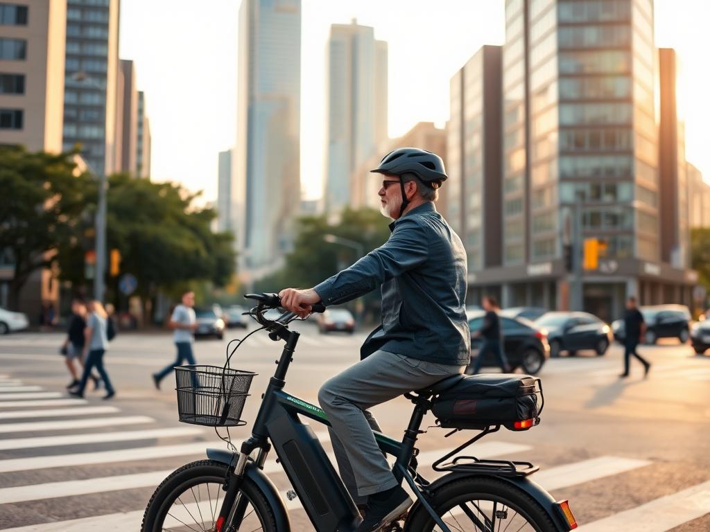 senior navigating urban intersection on e-bike