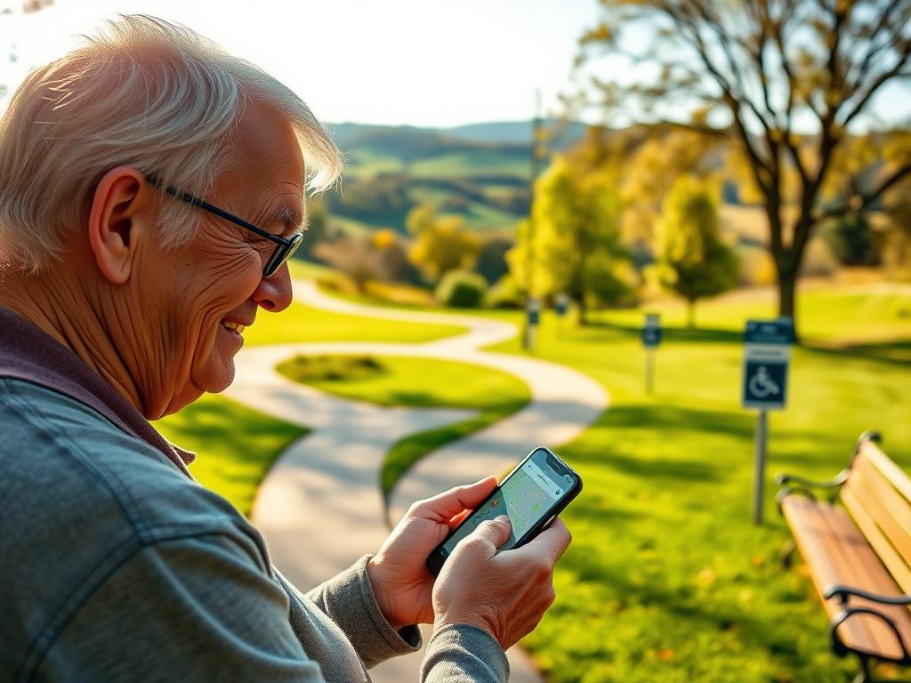 senior using route mapping app for age-friendly outdoor activities