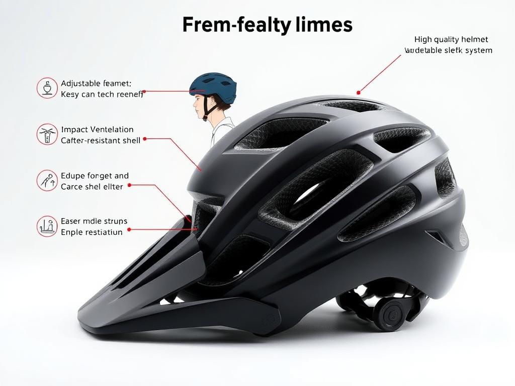A detailed safety guide for an e-bike helmet. In the foreground, a high-quality helmet in a sleek, modern design, showcasing its key features like the adjustable straps, ventilation system, and impact-resistant shell. In the middle ground, an illustration of a person properly fitted with the helmet, demonstrating the correct placement and adjustment for maximum protection. In the background, a clean, minimalist studio setting with soft, directional lighting that highlights the helmet's design and the rider's safe riding posture. The overall mood is informative, practical, and visually appealing, emphasizing the importance of helmet safety for e-bike riders.