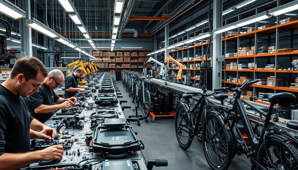 A high-tech factory floor bustles with the manufacturing of e-bike components. In the foreground, workers meticulously assemble delicate electronic parts, their hands moving with precision. The middle ground showcases a complex assembly line, where robotic arms and precision machinery work in harmony to shape frames, motors, and batteries. In the background, rows of shelves hold an array of specialized tools and materials, highlighting the intricate engineering required. The scene is bathed in a cool, industrial lighting, casting dramatic shadows that emphasize the technical complexity. An atmosphere of challenge and innovation permeates the space, reflecting the difficulties faced by American e-bike manufacturers in building the entire product domestically. A high-tech factory floor bustles with the manufacturing of e-bike components. In the foreground, workers meticulously assemble delicate electronic parts, their hands moving with precision. The middle ground showcases a complex assembly line, where robotic arms and precision machinery work in harmony to shape frames, motors, and batteries. In the background, rows of shelves hold an array of specialized tools and materials, highlighting the intricate engineering required. The scene is bathed in a cool, industrial lighting, casting dramatic shadows that emphasize the technical complexity. An atmosphere of challenge and innovation permeates the space, reflecting the difficulties faced by American e-bike manufacturers in building the entire product domestically.