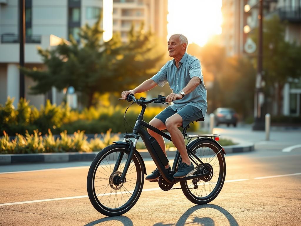 A senior person riding a sleek, modern electric bicycle in a city street setting. The rider has a confident, relaxed posture as they smoothly accelerate from a stop, utilizing the electric motor's power assist. The scene is bathed in warm, golden afternoon light, casting long shadows. The bike's details are crisp, showcasing its sturdy construction and advanced features. The rider's face is obscured, emphasizing the focus on the riding technique. The background features a blend of urban architecture and greenery, creating a serene, welcoming environment. The overall mood conveys a sense of ease and mastery in navigating the city streets on an e-bike.