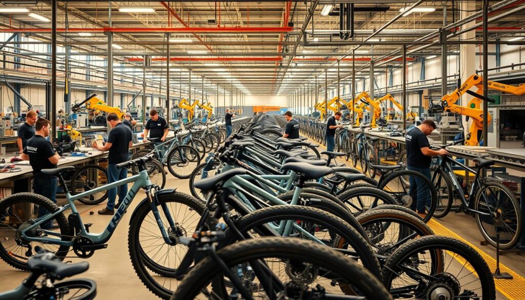 A sprawling American e-bike manufacturing facility, bathed in warm, natural lighting. In the foreground, skilled technicians assemble the bikes with precision, surrounded by an array of high-tech tools and gleaming components. The middle ground features rows of partially assembled frames and wheels, while the background showcases a complex network of conveyor belts and robotic arms, working in harmony to efficiently move the e-bikes through the production process. The atmosphere is one of focused industriousness, reflecting the rise of domestic e-bike manufacturing and the pride of American craftsmanship. A sprawling American e-bike manufacturing facility, bathed in warm, natural lighting. In the foreground, skilled technicians assemble the bikes with precision, surrounded by an array of high-tech tools and gleaming components. The middle ground features rows of partially assembled frames and wheels, while the background showcases a complex network of conveyor belts and robotic arms, working in harmony to efficiently move the e-bikes through the production process. The atmosphere is one of focused industriousness, reflecting the rise of domestic e-bike manufacturing and the pride of American craftsmanship.