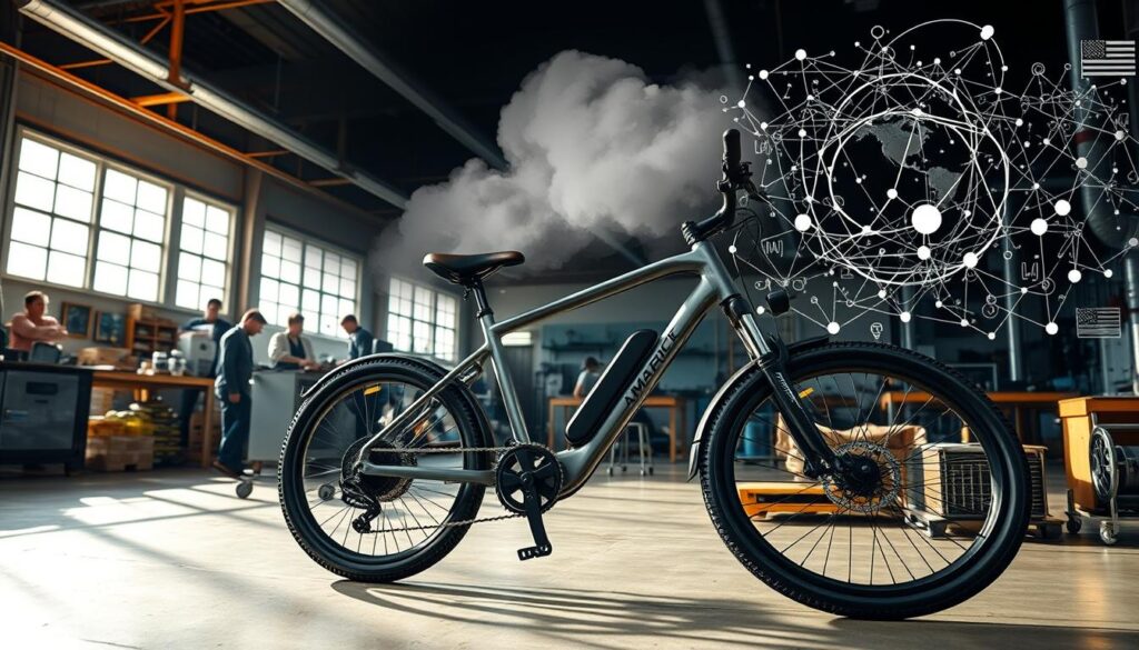 A sun-drenched factory floor, the hum of machinery and the whir of electric motors. In the foreground, a newly assembled electric bicycle takes shape, its sleek frame and powerful motor a testament to American craftsmanship. But a dark cloud looms overhead - the shadow of tariffs and trade policies, casting uncertainty over the future of this burgeoning industry. In the background, a tangle of graphs and charts illustrate the complex web of global economics, a constant reminder of the delicate balance that local manufacturers must navigate. The scene conveys a sense of resilience and determination, as the workers forge ahead, driven by a passion for innovation and a belief in the power of homegrown ingenuity. A sun-drenched factory floor, the hum of machinery and the whir of electric motors. In the foreground, a newly assembled electric bicycle takes shape, its sleek frame and powerful motor a testament to American craftsmanship. But a dark cloud looms overhead - the shadow of tariffs and trade policies, casting uncertainty over the future of this burgeoning industry. In the background, a tangle of graphs and charts illustrate the complex web of global economics, a constant reminder of the delicate balance that local manufacturers must navigate. The scene conveys a sense of resilience and determination, as the workers forge ahead, driven by a passion for innovation and a belief in the power of homegrown ingenuity.