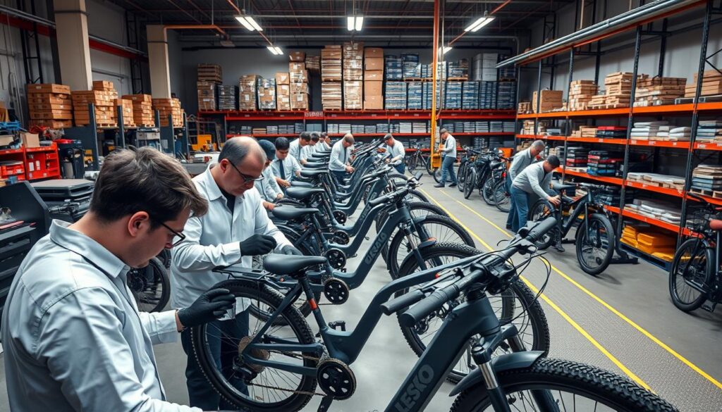 A well-lit, high-angle view of a bustling American e-bike manufacturing facility. In the foreground, a team of quality control engineers diligently inspect every component of an assembled e-bike, checking for precision, durability, and safety. The middle ground shows the assembly line, with skilled technicians meticulously assembling the bikes using state-of-the-art tools and machinery. In the background, rows of neatly organized shelves hold an array of high-quality parts and materials, indicating a commitment to sourcing the best domestic resources. The scene conveys a sense of pride, professionalism, and attention to detail that underscores the superior quality of these American-made e-bikes. Why You Should Be Buying USA Made Electric Bikes