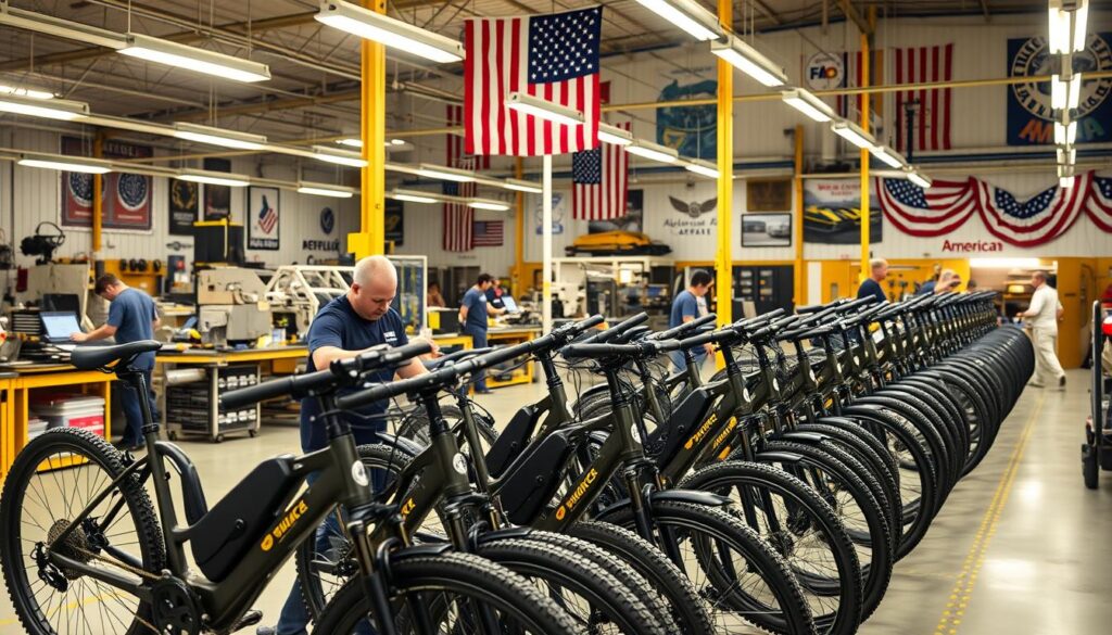 A well-lit production facility, the interior bathed in a warm glow. In the foreground, a team of technicians diligently inspecting a lineup of freshly assembled American-made e-bikes, meticulously checking each component for quality and performance. The mid-ground reveals the assembly line, with workers skillfully assembling the frames, motors, and batteries, ensuring precision and attention to detail. In the background, the walls are adorned with patriotic murals and signage, highlighting the pride and commitment to domestic manufacturing. The overall atmosphere conveys a sense of rigorous quality control, showcasing the attention to detail and craftsmanship that goes into creating these made-in-America e-bikes. A well-lit production facility, the interior bathed in a warm glow. In the foreground, a team of technicians diligently inspecting a lineup of freshly assembled American-made e-bikes, meticulously checking each component for quality and performance. The mid-ground reveals the assembly line, with workers skillfully assembling the frames, motors, and batteries, ensuring precision and attention to detail. In the background, the walls are adorned with patriotic murals and signage, highlighting the pride and commitment to domestic manufacturing. The overall atmosphere conveys a sense of rigorous quality control, showcasing the attention to detail and craftsmanship that goes into creating these made-in-America e-bikes.