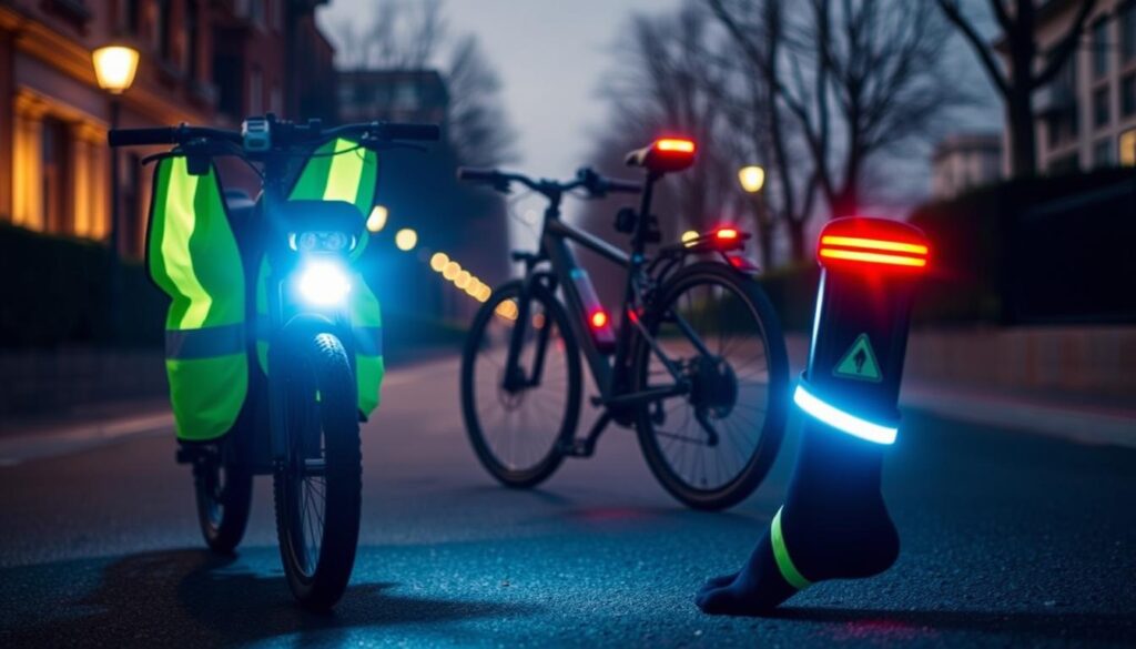 A well-lit scene depicting various visibility gear for e-bike riders, suitable for seniors. In the foreground, a high-visibility reflective vest and ankle bands shine brightly. In the middle ground, a sturdy e-bike with an integrated headlight and tail light. In the background, a serene urban setting with street lamps illuminating the path. The overall mood is one of safety and preparedness, emphasizing the importance of being seen on the road. The image is captured from a slightly elevated angle, showcasing the gear in an informative and visually appealing manner.