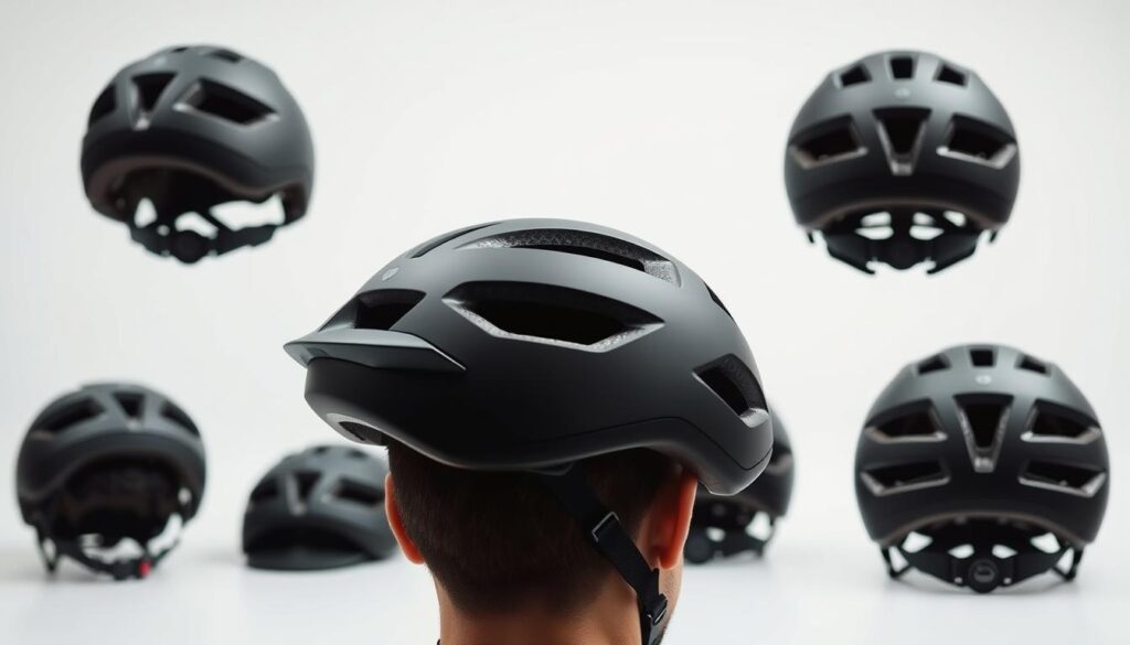 A well-lit studio setting showcasing an e-bike helmet fitting guide. In the foreground, a person's head is prominently displayed, with the helmet placed on it at a slight angle, revealing the internal padding and adjustment mechanisms. The middle ground features detailed close-ups of the helmet's key features, such as the chin strap, ventilation, and size adjustment dial. The background provides a clean, neutral environment, allowing the viewer to focus on the helmet's design and fitting process. The overall mood is educational and informative, highlighting the importance of a properly fitted helmet for safe e-bike riding.