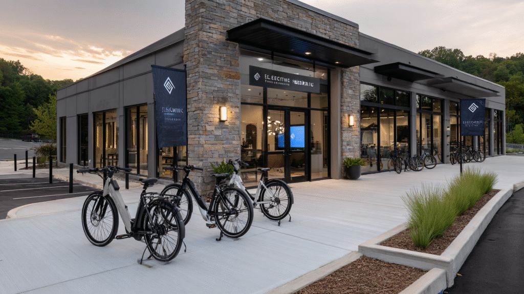 A large, modern American e-bike manufacturing facility nestled in a scenic rural landscape. The building features floor-to-ceiling windows, allowing natural light to flood the production floor, where rows of e-bikes in various stages of assembly are meticulously crafted by skilled technicians. The exterior is adorned with bold, patriotic graphics and signage, proudly proclaiming the facility's commitment to American-made quality. In the foreground, a gleaming showroom displays the latest e-bike models, their sleek designs and vibrant colors catching the eye. Surrounding the facility, lush green fields and rolling hills create a serene, pastoral backdrop, hinting at the facility's integration with the local community. The overall atmosphere conveys a sense of innovation, craftsmanship, and national pride. johnkrechting outside view of Electric bike factory in USA wi 8d492c3b a171 4c3f bd77 5b34b26c19b7 2